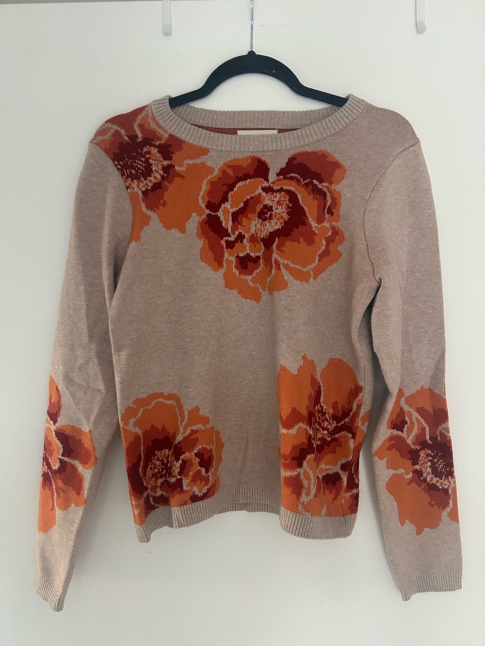 Cynthia Rowley Beige Crewneck Sweater with Orange Floral Motif